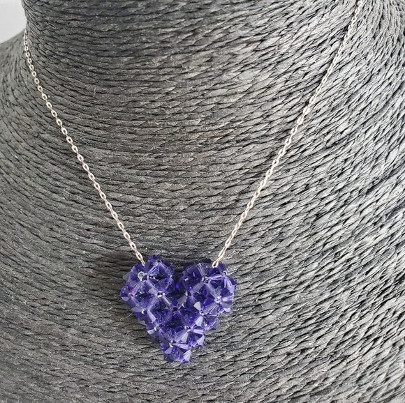 Vintage 925 Sterling Chain & Purple Crystal Heart Pendant - Picture 6 of 6